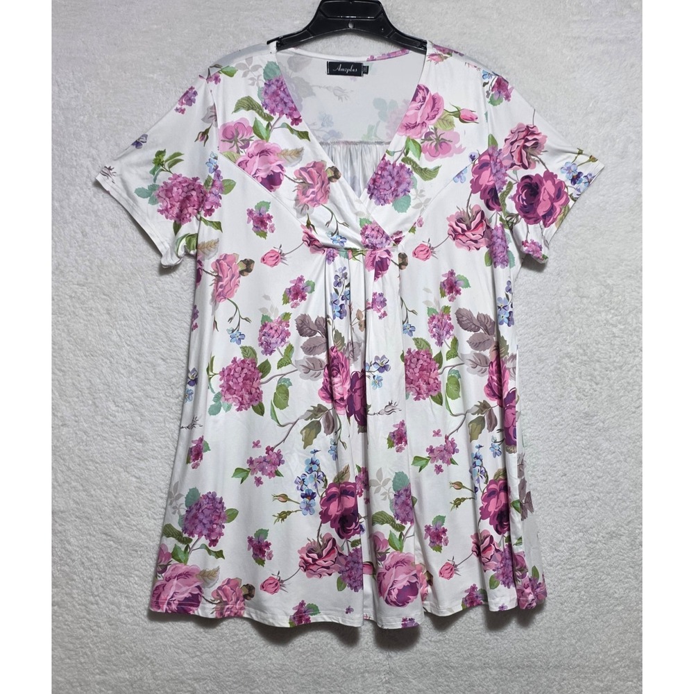 Amzplus Women's 2XL Floral Tunic Top V-Neck Short Sleeve Empire Waist Pink White